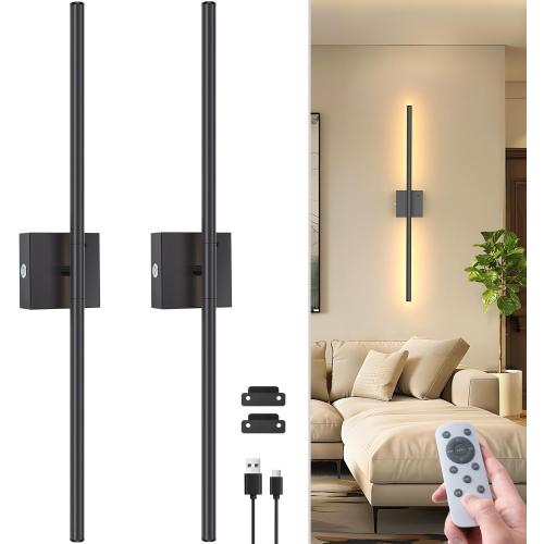 NIORSUN 28 Inch Battery Operated Wall Sconce Set of 2, 360° Rotation Black Rechargeable Wall Lights with Detachable Tube and Remote, 3CCT Dimmable Wall Lamp for Living Room Bedroom Hallway