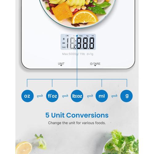 RENPHO Food Scale with Nutritional Calculator, Digital Kitchen Scale for Weight Loss, Smart Food Weight Scale with App for Macro Keto Calorie Cooking, Grams and Ounces, White, 11lb/5kg