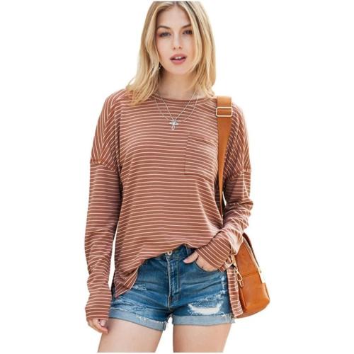 Women Small Fashion Striped Shirt Casual Fall Long Sleeve Tees Slim Fit Boat Neck Blouses Tops with Pockets