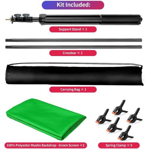Green Screen Backdrop Kit, 5 x 6.5 ft Portable Chromakey Green Screen with T-Shaped Stand & Carrying Bag & 5 Clamps, Greenscreen Background for Streaming, Gaming, Zoom