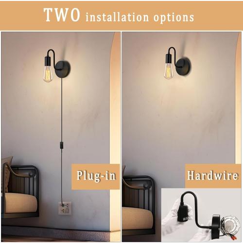DTIEDY Plug in Wall Sconce with On Off Switch Industrial Wall Mount Light Fixture E26 Vintage Wall Sconces with Plug in Cord Black Metal Farmhouse 1-Light Wall Lamp for Bedroom Living Room