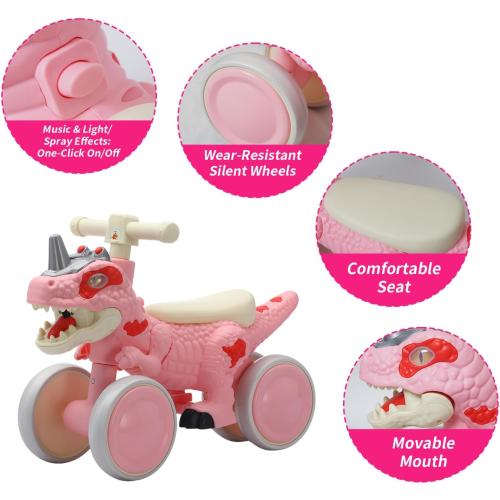 Color green Dinosaur Balance Bike for 1-3 Year Olds, Toddler 4-Wheel No-Pedal Walker Scooter with Music & Mist Spray Effects, ASTM Certified First Birthday Gift for Boys & Girls