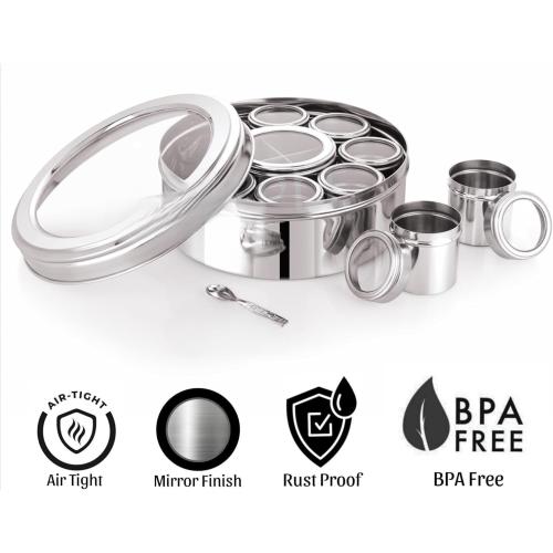 Silver 12 In 1 Stainless Steel Masala Box | Spice Box For Kitchen | Large Masala Dabba with See-Through Lid | Steel Masala Dani 2.5L Spice Organizer with 12 Compartment | 22.5cm