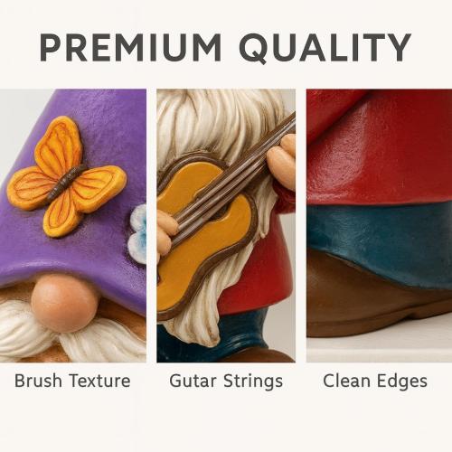 Musical Gnome Figurine with Guitar – Handcrafted Resin Garden or Shelf Decoration, 6.2 Tall Whimsical Gnome Statue with Purple Hat, Flowers & Butterfly, Gift for Music Lovers (Purple)