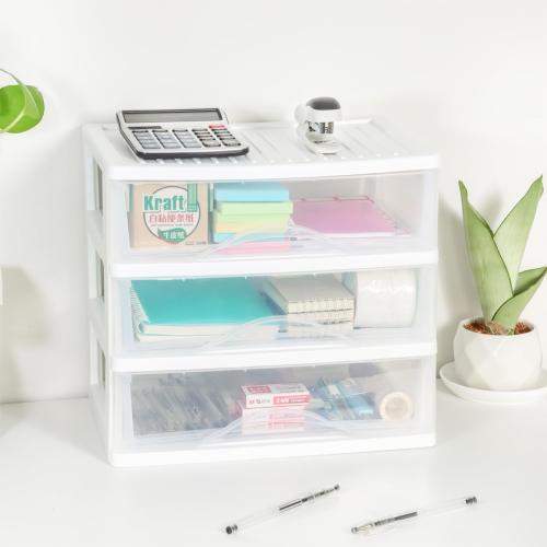 BYCY Plastic Stackable Storage 3 Drawers, White Bathroom Makeup Organizer with Wide Clear Drawers Tabletop Drawer Organizer for Desk,Easily Assemble for Fridge,Bathroom,Cabinet