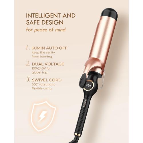 Large Curling Iron 2 Inch, Ceramic Long Barrel Hair Curling Wand, Hair Styling Tool, Dual Voltage, LCD Display, Black