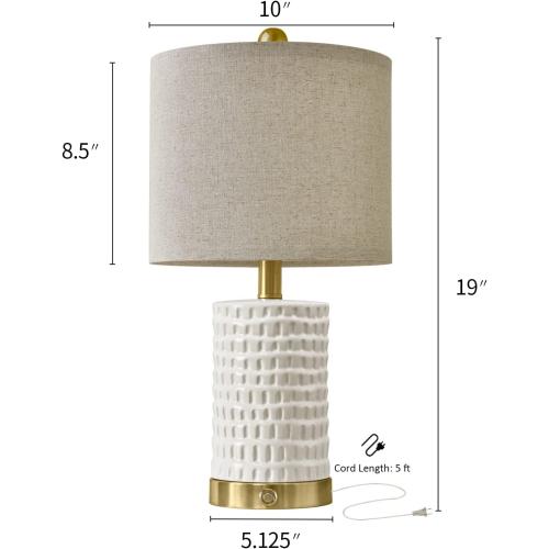 PORTRES 19 Farmhouse 3-Way Dimmable Touch Ceramic Table Lamp Set of 2 White Bedside Lamps for Bedroom Lamps for Living Room Nightstand Lamp End Table lamps with USB A C Charging Ports(Bulbs Included)