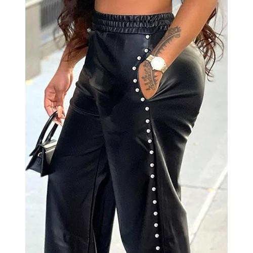 Women's L Wide Leg Faux Leather Pants Rivets Pearls Elastic Waist Beggy Trousers with Pockets