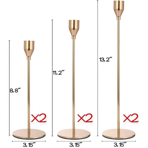 Gold Taper Candle Holder Set of 6, Brass Gold Tall Candlestick Holders, Metal Vintage Candle Stickers Long Holder Set, Pillar Decorative Candle Holder Fits 3/4 Inch Candle