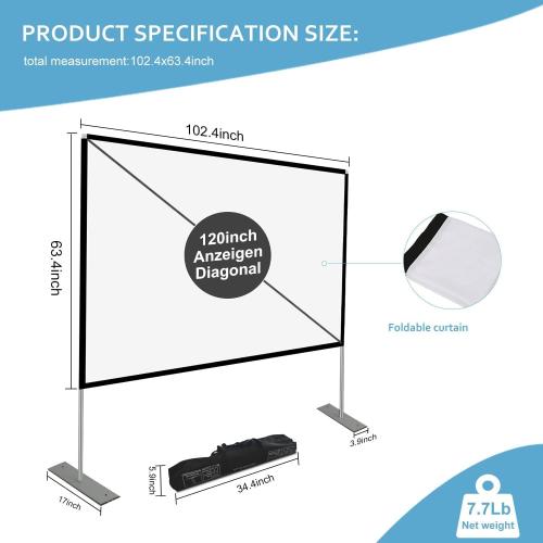 SKERELL Projector Screen with Stand 120 inch Portable Projection Screen 16:9 4K HD Rear Front Projections Movies Screen with Carry Bag for Indoor Outdoor Home Theater Backyard Cinema Travel