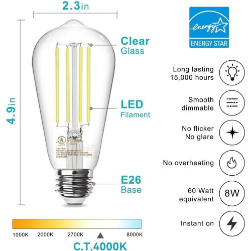 5 Pack TJOY 5 Pack E26 Base Vintage LED Edison Light Bulbs, 60W Equivalent Dimmable, 4000K Natural White, 8W ST58 LED Filament Bulbs, 800Lumens, CRI80 , Antique Glass Style for Home, Bedroom, Farmhouse