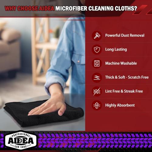 AIDEA Microfiber Cleaning Cloth Black 10PK, Microfiber Towels for Cars, Premium Wash Cloths, Dusting Cloth Lint Free Cleaning Rags for SUVs, House, Kitchen, Window, Cleaning Supplies12×12