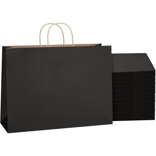 SHOPDAY Black Paper Bags with Handles 16x6x12, 25 Pack Large Kraft Paper Bags Bulk, Tote Bag Shopping Bags, Paper Gift Bags, Retail Bag Merchandise Bags for Grocery Business Takeouts
