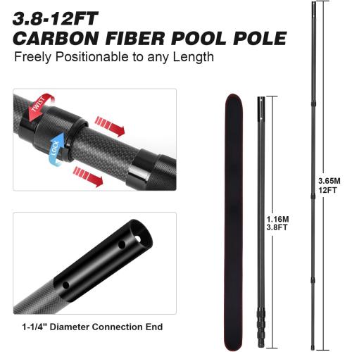 Carbon Fiber Pool Pole - Professional 12 Foot Telescopic Pool Cleaning Pole, Pool Skimmer Net Pole, Telescoping Swimming Pool Poles Heavy Duty 12FT