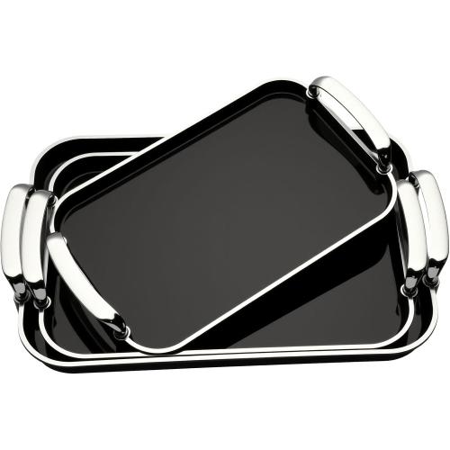 3 Pack Serving Tray with Handles, Stackable Reusable Trays for Serving Food, Plastic Serving Platters for Party, Charcuterie, Fruit, Appetizer, Black Silver