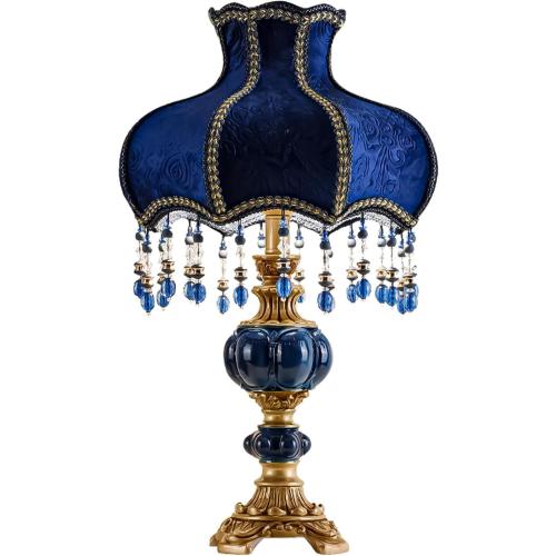 European Style Table Lamp with Fabric Lampshade Hand-Made Antique Varnished Resin Lampbody Victorian Style Table Lamp for Living Room Bedroom(Blue)
