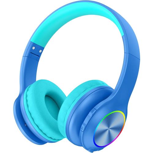 Kids Bluetooth 6.0 Headphones with LED Light, 85Hours Playtimes, Type-C Fast Charging, 85/94dB Volume Limited, Comfort Wireless Headphones with Built-in Mic, Wired & TF Card Mode, Blue