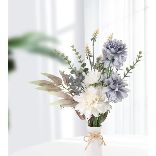White and Grey Artificial Fake Flowers Bouquet White Grey Silk Flower for Craft Arrangements Wedding Bouquets Faux Flowers for Vase for Kitchen Garden Home Party Table Décor (White Grey)