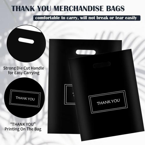 MelonArt Thank You Bags for Small Business, 200pcs Black Plastic Retail Bags Merchandise Bags with Handles Bulk Large Reusable Shopping Boutique Bags 8x12 and 12x15 for Stores Clothes Supplies(Black)