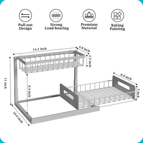 REALINN Under Sink Organizer, Pull Out Cabinet Organizer 2 Tier Slide Out Sink Shelf Cabinet Storage Shelves, Storage for Kitchen Bathroom, Grey, 1 Pack