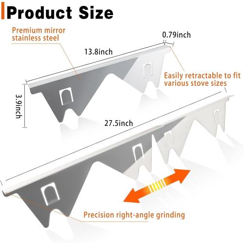 Stove Gap Covers Stainless Steel, 2 Pack Stove Gap Filler Easy Retractable Length 13.8 to 27.5, Width 0.79 ALMCALS Range Trim Kit, Heat Resistant Guard Between Stove Top & Counter