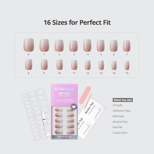 BTArtbox Square Ombre Press On Nails -Soft Gel Press On Nails Short with Nail Glue, 16 Sizes - 32 Reusable Fake Nails Kit, Vanilla Cream