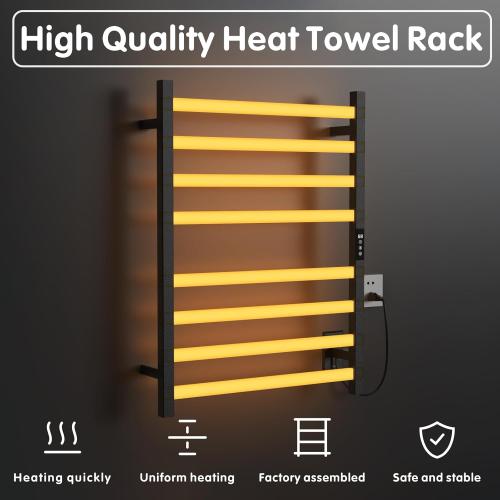 WONDERSKY Towel Warmer Rack, 8-Bar Stainless Steel Heated Towel Racks for Bathroom - Waterproof Wall Mounted Towel Warmers with Timed & Temperature Controller, Hard Wired/Plug-in, Black