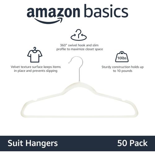 Amazon Basics Slim Velvet Non-Slip Space Saving Suit Clothes Hangers with Shoulder Notches for Closet Organization, Ivory/Silver, 50-Pack‼️light dirt‼️