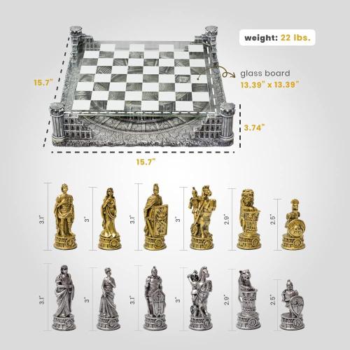 BB Brother Brother Ancient Roman Gladiators 3D Chess Board Game Set, Glass Board, Handmade Gold and Silver Polyresin Chess Pieces for 2 Players
