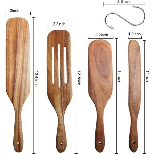 Spurtle Set, Natural Acacia Wooden Kitchen Utensils Set of 4, Wooden Spoons Utensils for Cooking, stirring, Mixing, Serving, spurtles kitchen tools as seen on tv for NonSick Cookware