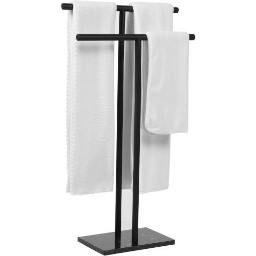 Free Standing Towel Rack for Bathroom - Matte Black Finish - Stand Alone 2 Tier Stainless Steel Towel Rack for Bathroom Floor with Heavy Marble Base - Double T Shape Drying Stand for Towels