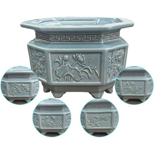 8-Inch Large Octagon Bonsai Pot Light Blue Water Glaze Bonsai Tree Ceramic Flower Pot Handmade