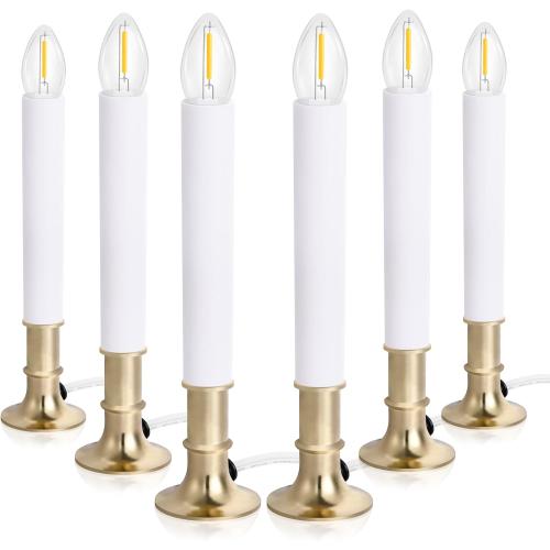 6-Pack Dusk to Dawn Electric Christmas Window Candle Lights with Shatterproof Plastic LED Bulbs, Plug-in Corded Window Candle Lamps, Auto On/Off Light Sensor, 6 Suction Cups Included, Warm White