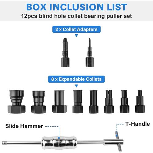 12pcs Blind Hole Collet Bearing Puller Set Slide Hammer 8-32mm | Expandable collets, pilot bearing removal tool for internal & wheel bearings, for automotive and motorcycle use