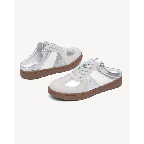 NEWBELLA Women's Lace-Up Mule Sneakers Fashionable Backless Sneakers for Women Sliver (Size.8.5)