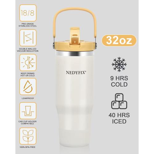 32 Oz Tumbler with Handle Vacuum Insulated Water Bottle Stainless Steel Tumbler Car Reusable Cup Cold for 12 Hours-Beige White