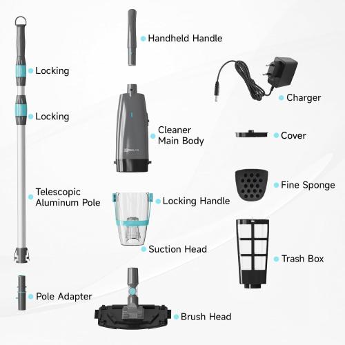 Cordless Handheld Pool Vacuum, Rechargeable Pool Cleaner with 18.5 Gal/Min Suction, 60 Min Runtime, Dual-Phase Cleaning System, Ideal for Above Ground Pools, Spas, Hot Tubs, Black