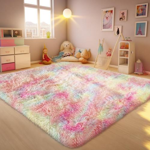 Ophanie Rainbow Rug for Bedroom Girls, Unicorn Colorful Fluffy Soft Cute Fuzzy Area Rugs, Shag Plush Shaggy Bedside Floor 4x6 Furry Carpet for Kids Baby Teen Dorm Nursery Home Decor Aesthetic