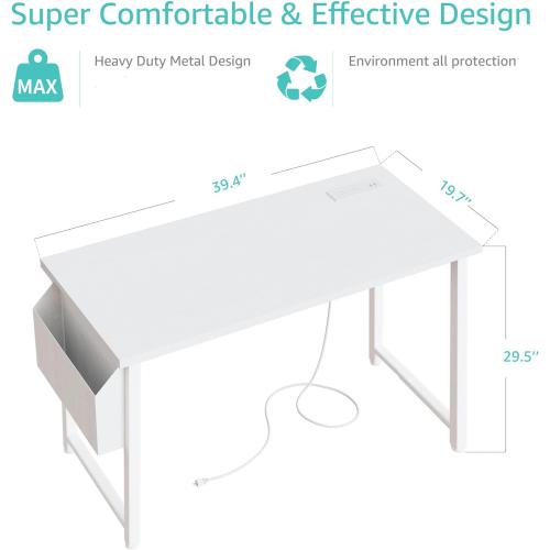 Lufeiya White Computer Desk with Power Outlet, 40 inch Simple Teen Study Table Home Office Work Writing Desks with Charging Station Outlets USB Port Built in, Storage Pocket，White