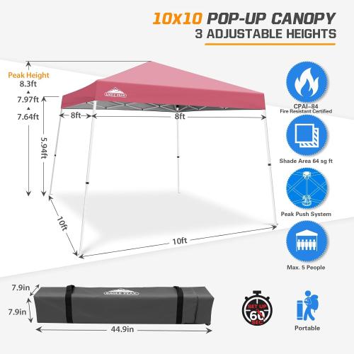 EAGLE PEAK 10x10 Slant Leg Pop Up Canopy Tent, Peach Pink | PeakPush™ Center Lock, Easy 1 Person Setup Pop Up Tent, Portable Sports & Camping Shelter, 10x10 Base 8x8 Top, Carry Bag