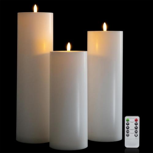Flameless LED Candles, Flickering Larger Candles with Remote Control & Timer, Battery Operated Waterproof Pillar Candles,3pc for Valentine's Day,Indoor Outdoor Lanterns,Church,Wedding,Patio Porch