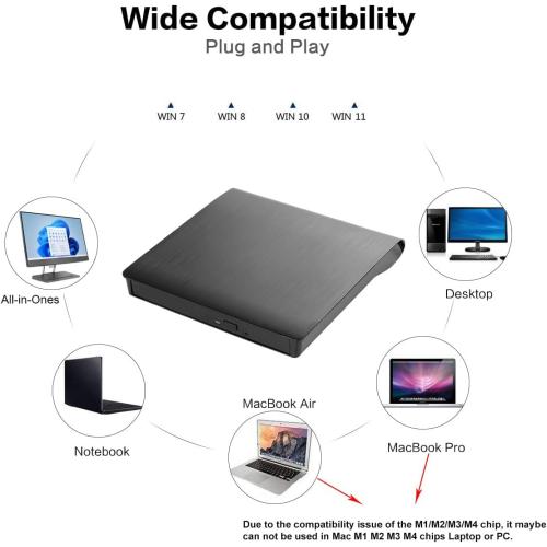 intendvision External CD DVD Drive USB 3.0 Portable Fits for DVD-R DVD-RW DVD R DVD RW DVD-ROM Super Speed Data Transfer Black for PC Laptop Computer Windows 11/10/8/7