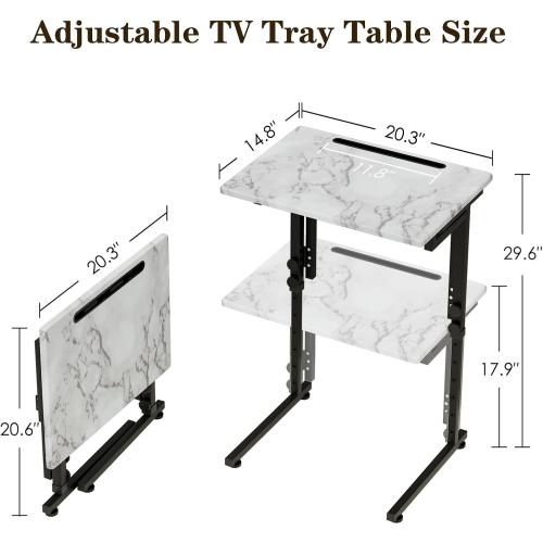 Fleecy day TV Tray, Folding TV Dinner Table, Adjustable Small C-Shaped End Tray for Eating, Foldable Slide Under Couch Side Table for Recliner, Living Room, Bedroom,No Assembly Required(White Marble)