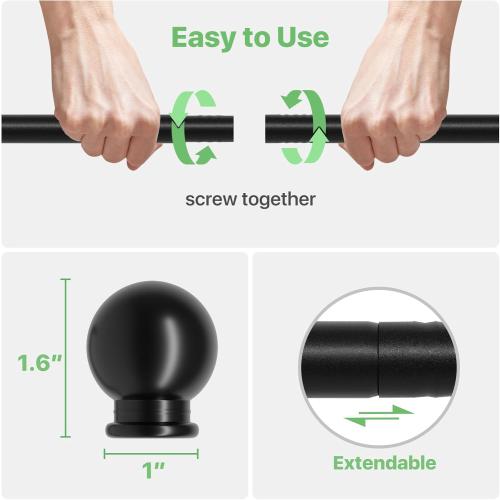 2 Pack 28-48 inch Black Metal Wall Mounted Curtain Rod Set with Brackets, 5/8 Adjustable Small Curtain Rods for Bedroom, Kitchen, Living Room, Grommet Curtains
