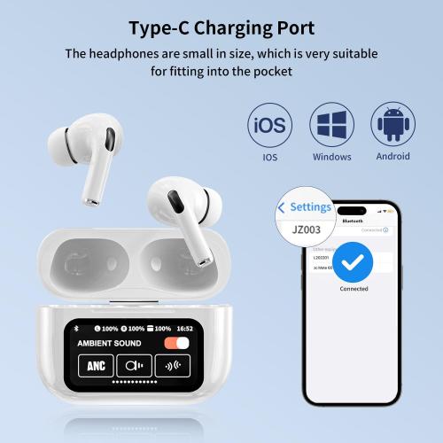 A9Pro MINI in Ear Multi Functional Touch Screen Wireless Bluetooth Earphones Compatible with Dual System 5.4 Bluetooth IPX4 Waterproof (White, Mini)