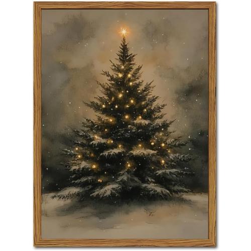 Vintage Christmas Wall Art Natural Christmas Tree Wall Decor Paintings Winter Landscape Pine Tree Poster Canvas Prints for Farmhouse Mantel Bedroom Living Room 12x16 inch Wood Framed