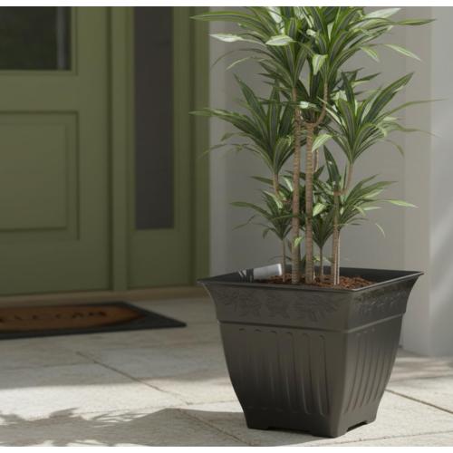 BTPLASTIK 18 inch Large Square Planter for Plants - 4 Pack Decorative Black Plastic Flower Pots with Drainage Holes & Raised Base, 14 Gallon Vintage Garden Pot for Outdoor, Patio, Porch (15 Tall)