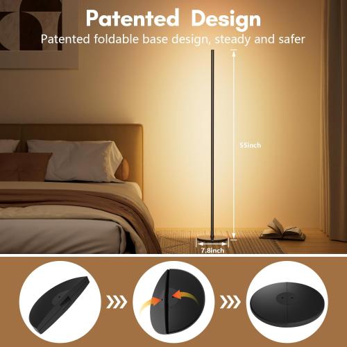 luckystyle Smart RGB IC Corner Floor Lamp,Bright LED Tall Modern Floor Lamp with APP and Remote,Ambient Lighting Color Changing Standing Lamps with Music Mode and Timing for Living Room,Bedroom,Party