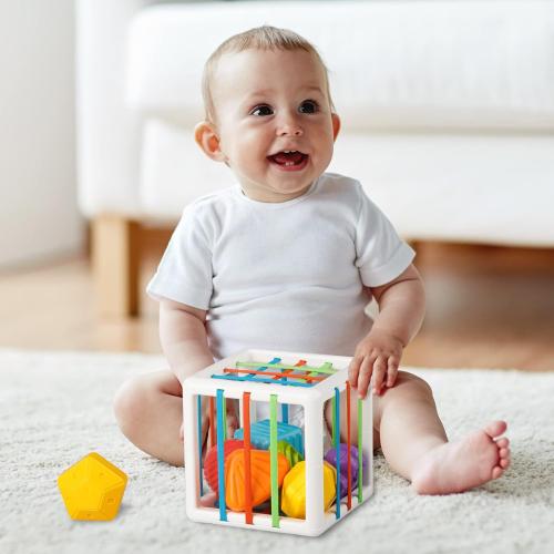 Montessori Toys for 1 Year Old, Cube & 6 Sensory Shape Blocks, Baby Toys 12-18 Months, Developmental Infant Birthday Gifts for Learning Toddler Age 1 2 3