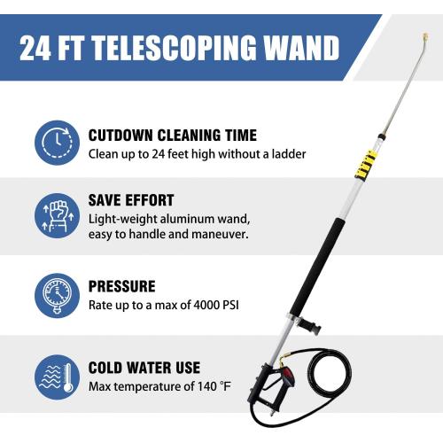 JANZ 24 FT Pressure Washer Telescoping Wand with Power Washer Extension Wands, Brush Head, Gutter Cleaner, 7 Spray Nozzle Tips, 2 Hose Adapters and Support Belt TW-004